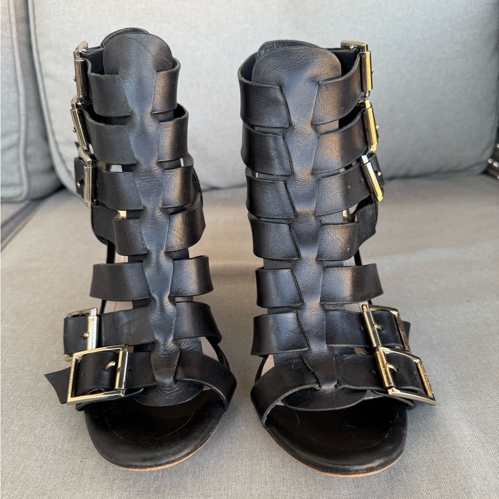 Vince Camuto Black Heeled Sandals with Gold Buckles